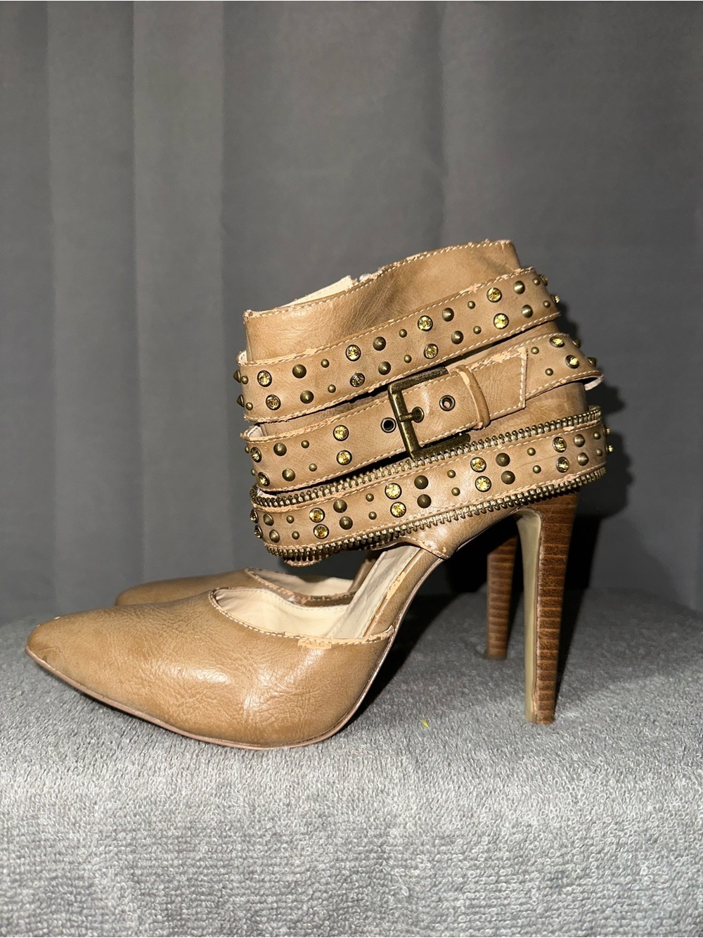 Studded Ankle Strap High Heel Pumps - Tan